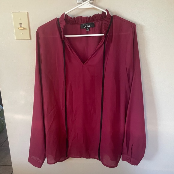 Burgundy Sheer Blouse with Adorable Tie Collar - Picture 4 of 5